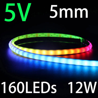 COB Smart LED Strip Light DC 5V 12V Individually Addressable 160LED Dream Colour 5mm RGB Pixel LED Tape Ribbon DIY Dimmable