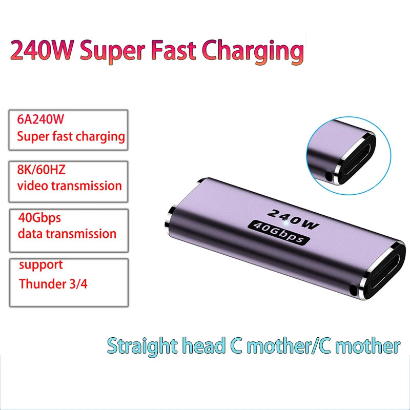 USB 4.0 PD 240W 8K 60Hz Charger Connector for Macbook 40Gbps High Speed USB C OTG U-Shape Straight Angle Male to Female Adapter