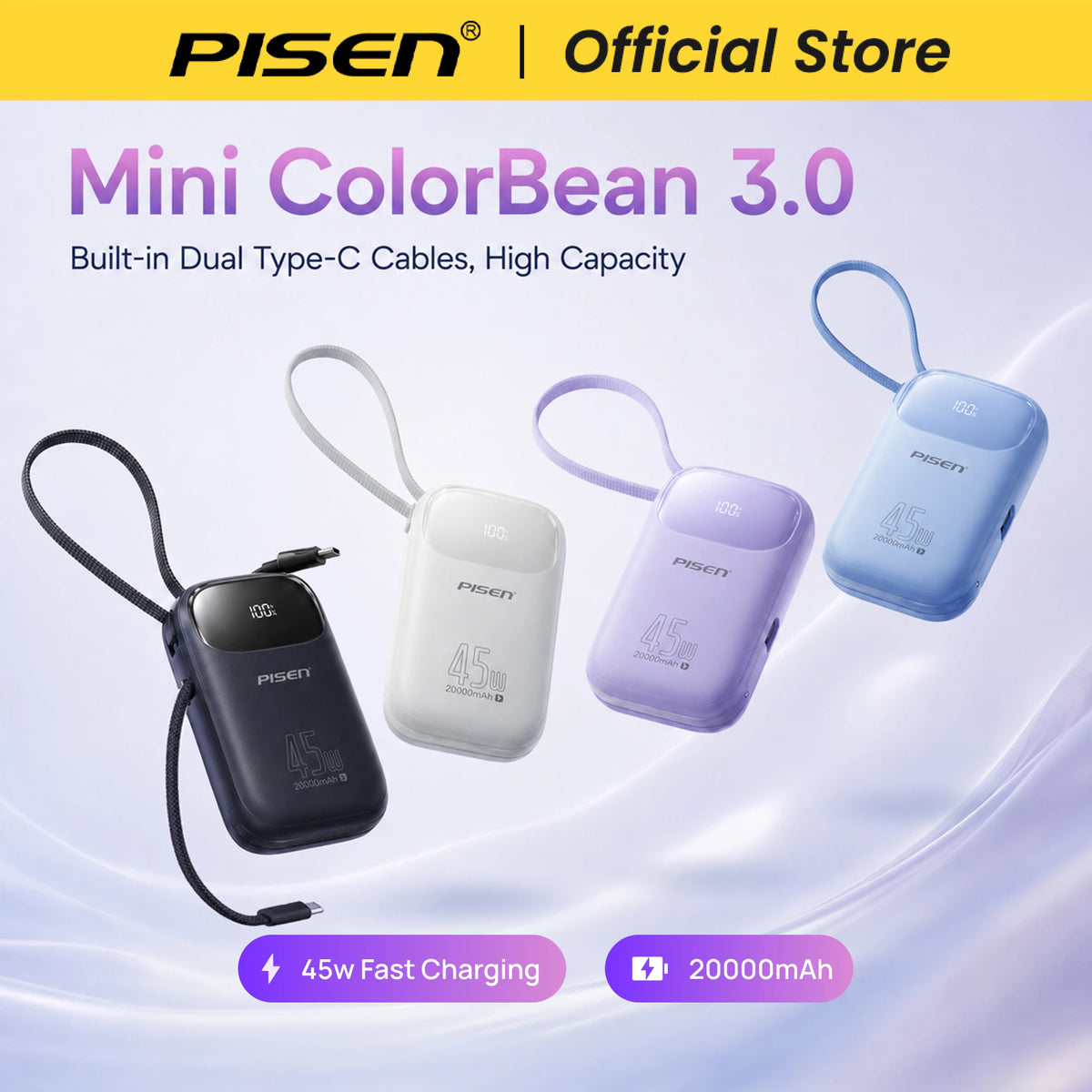 PISEN 45W Fast Charging Power Bank Built-in Dual USB-C Cable 10000mAh/ 20000mAh Mini Portable Powerbank For iPhone 17 Xiaomi
