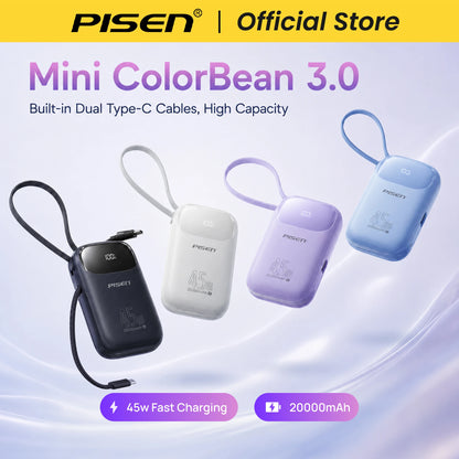 PISEN 45W Fast Charging Power Bank Built-in Dual USB-C Cable 10000mAh/ 20000mAh Mini Portable Powerbank For iPhone 17 Xiaomi