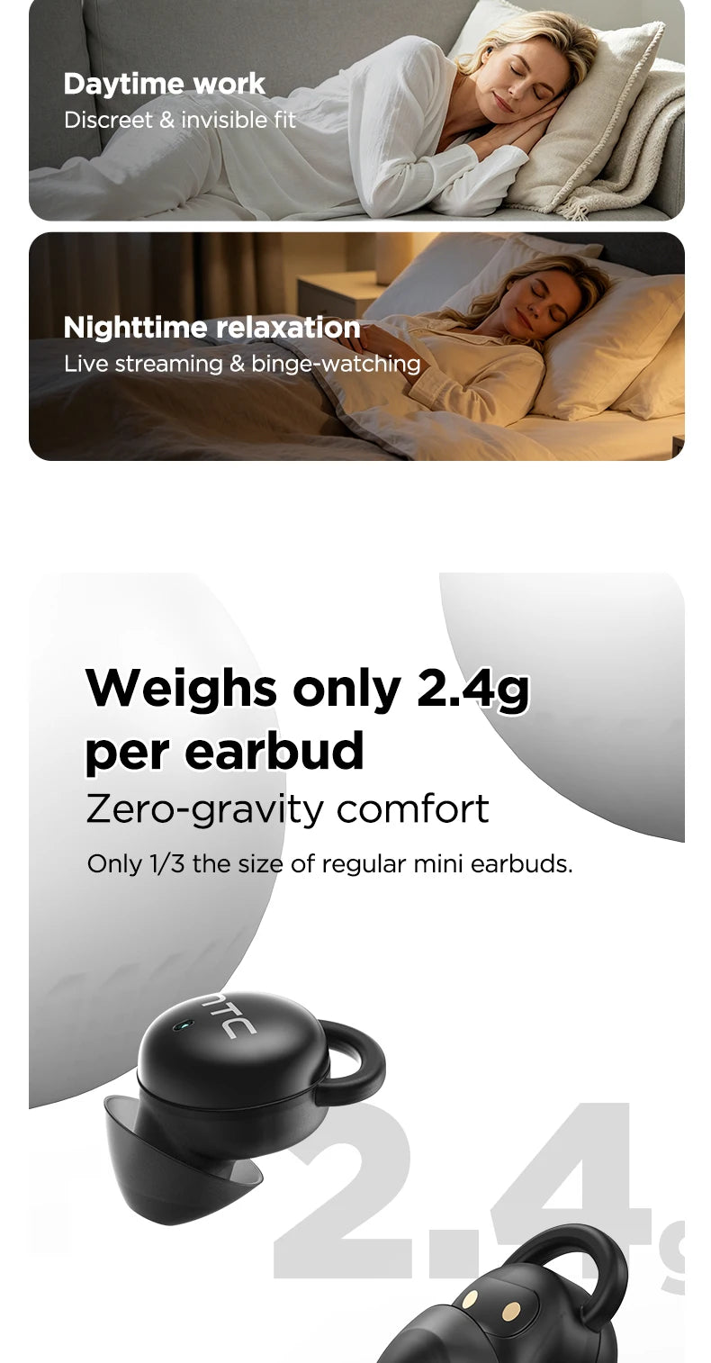 HTC NE91 Ultra Light TWS Bluetooth Sleep Headset ANC Active Noise Cancellation  Sleep Aid Earbuds Relieve Insomnia Anti Noise