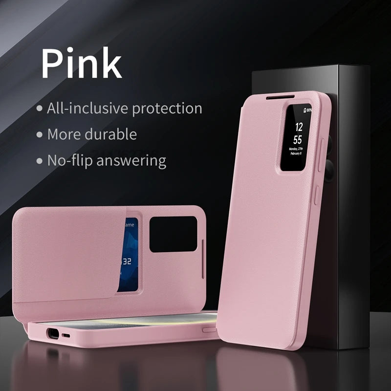 Premium Leather S-view LED Dispaly Window Leather Case For Samsung S26 Ultra S25 Edge S24 S23 S22 FE Plus A57/37 Card-slot Cover