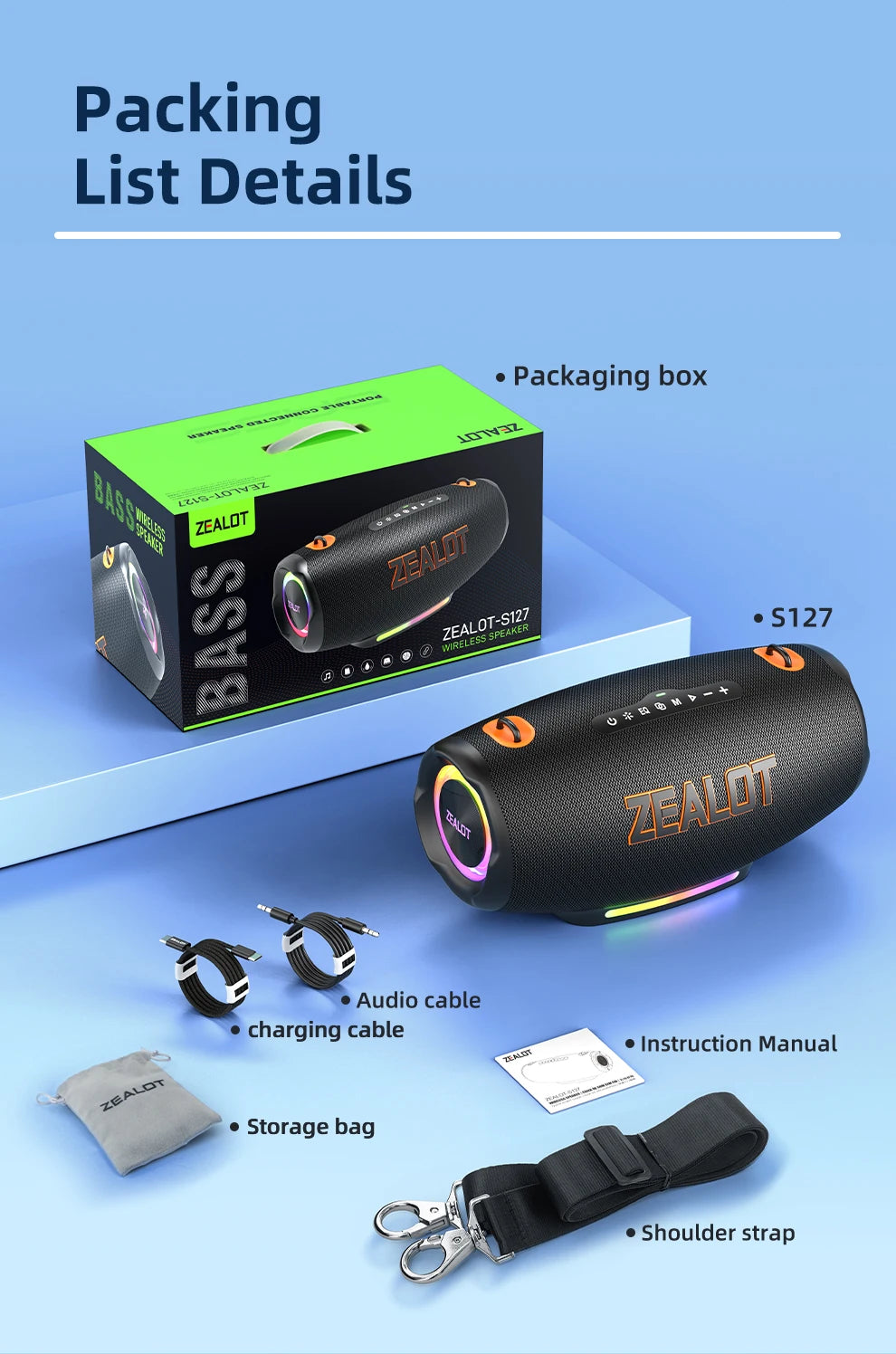ZEALOT S127100W Powerful subwoofer Portable wireless speaker,24000mAh Battery,RGB Light,Great for Gift-Giving Birthday/Christmas