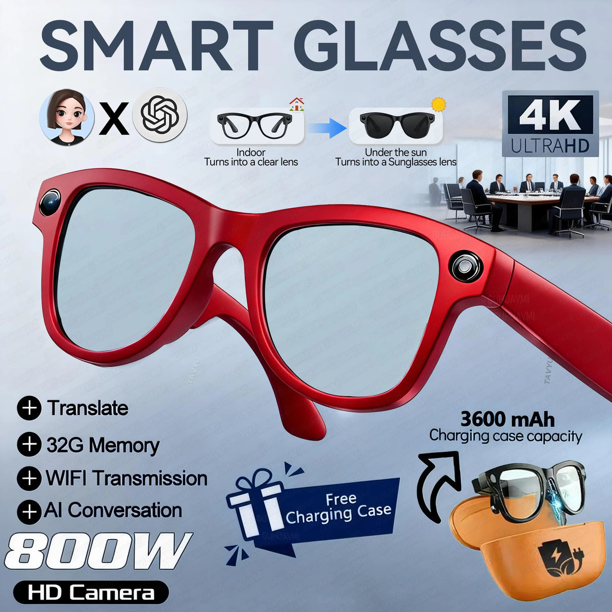 2026 New AI Smart Glasses Camera 800W Lens 30MP Photo 1200P Video Recording Bluetooth 5.3 WiFi Translation Sunglasses Men Women