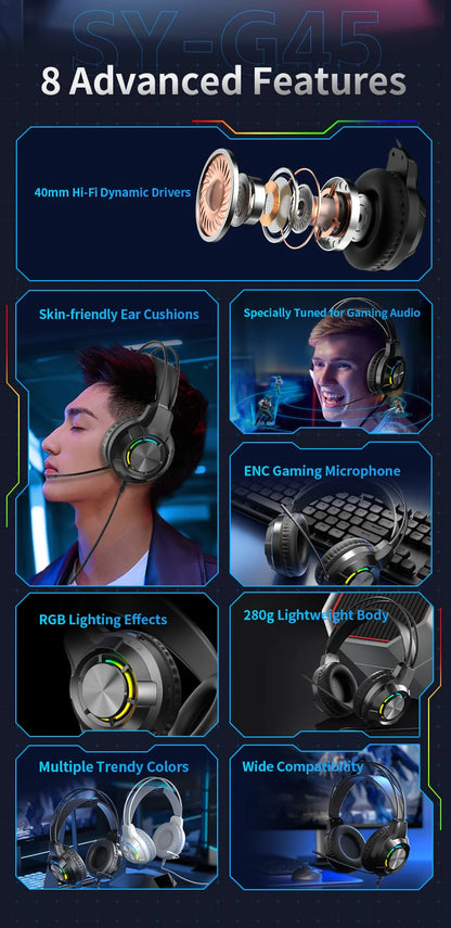 Over-Ear Gaming Headphone 7.1 Surround Sound ENC Noise Cancelling Mic RGB LED Wired Headset for PC PS4 PS5 Xbox Laptop Desktop