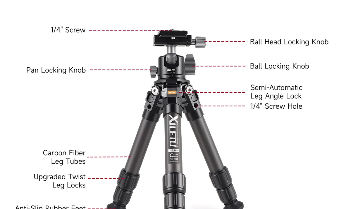 XILETU Lightweight Stable Carbon Fiber Tripod w 360° Rotation Detachable Ball Head Mini Tabletop Stand For Digital Cameras DSLRS