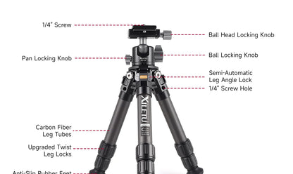 XILETU Lightweight Stable Carbon Fiber Tripod w 360° Rotation Detachable Ball Head Mini Tabletop Stand For Digital Cameras DSLRS