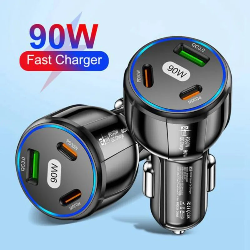 90W 3 Port Car Charger Super Fast Charger QC3.0 PD30W PPS High-Power Cigarette Lighter Fast Charger for iPhone/Huawei/Samsung