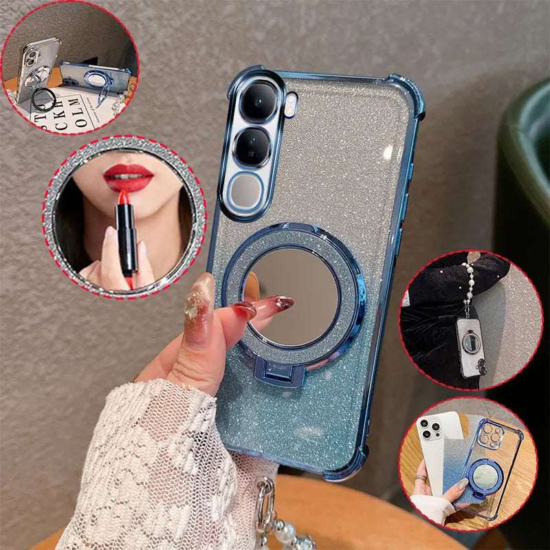 Bling Glitter Lipstick Mirror Stand Phone Case For Vivo Y31 5G Y21D With Pearl Chain Girls Women's Anti-drop Shockproof Cover