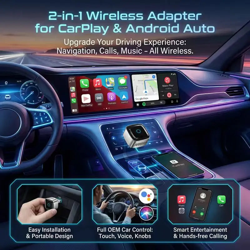 DRNVIYNC 2026 Wireless CarPlay Adapter 2-in-1 Wired to Wireless Dongle for Apple & Android Auto Plug and Play Universal Car Accessory
