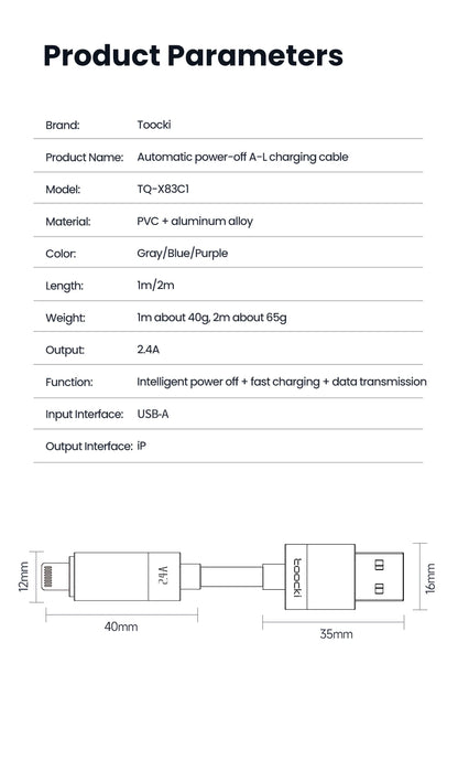 Toocki USB A to Lightning Cable 2.4A Smart Auto Power-off Fast Charging Data Wire for iPhone 14 13 12 11 Pro Max XS 8 7 SE iPad