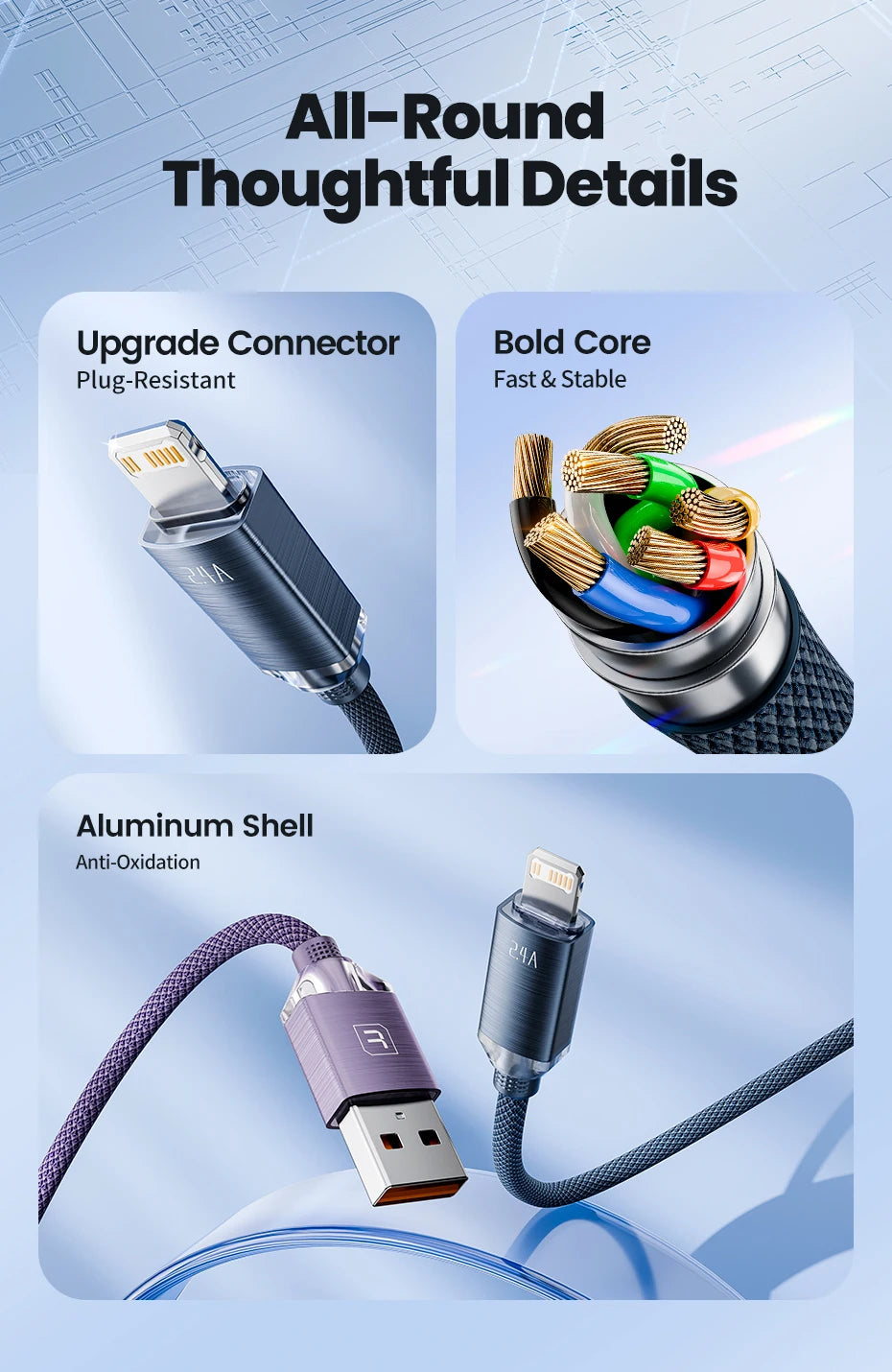 Toocki USB Cable for iPhone 14 13 12 Pro Max 2.4A Fast Charging Lightning Cable Data Wire for iPhone 8 7 6 5 Plus AirPods