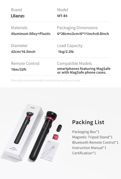 Ulanzi MT-84 Portable Bluetooth Selfie Stick Smartphone Tripod Quick Release With Wireless Bluetooth Controller For iPhone 15 14