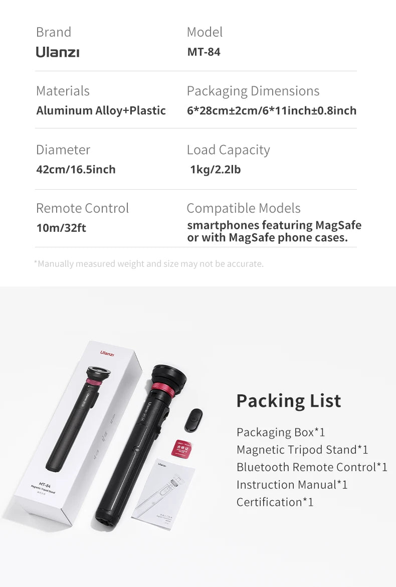 Ulanzi MT-84 Portable Bluetooth Selfie Stick Smartphone Tripod Quick Release With Wireless Bluetooth Controller For iPhone 15 14