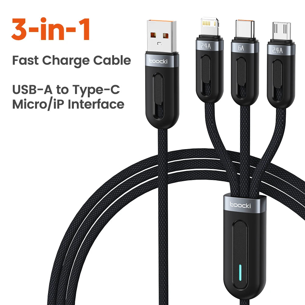 Toocki 3 in 1 USB C Cable 6A Fast Charge for Huawei Honor Micro USB Lightning Charger Cord for iPhone 14 Samsung Xiaomi Oneplus
