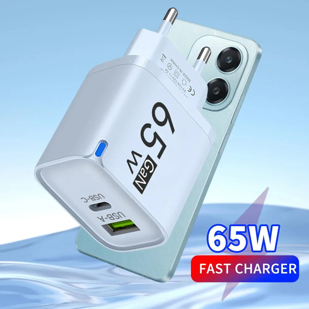 GaN 65W USB Type C Fast Charger 2 in 1 Portable Phone Wall Charger Quick Charge EU US UK Plug For iPhone Samsung Xiaomi Huawei