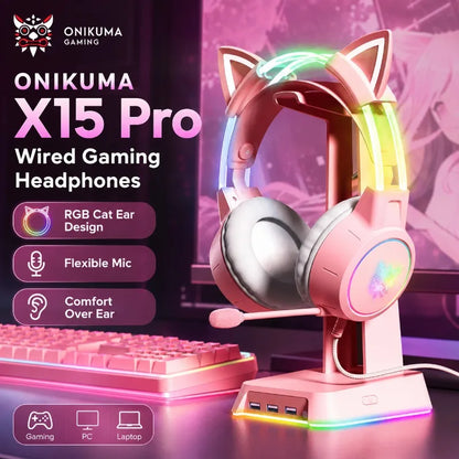 ONIKUMA X15 Pro Pink Cat Ear Gaming Headset Wired RGB Headphones 50MM Driver 3.5MM Stereo Sound Flexible Mic for PC PS4 PS5 Xbox