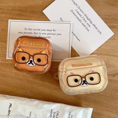 Korean Cute Rilakkuma Glasses Clear AirPods Case with Keychain for AirPods 1 2 3 4 Pro 2 Pro 3 Cute Shockproof Protective Cover