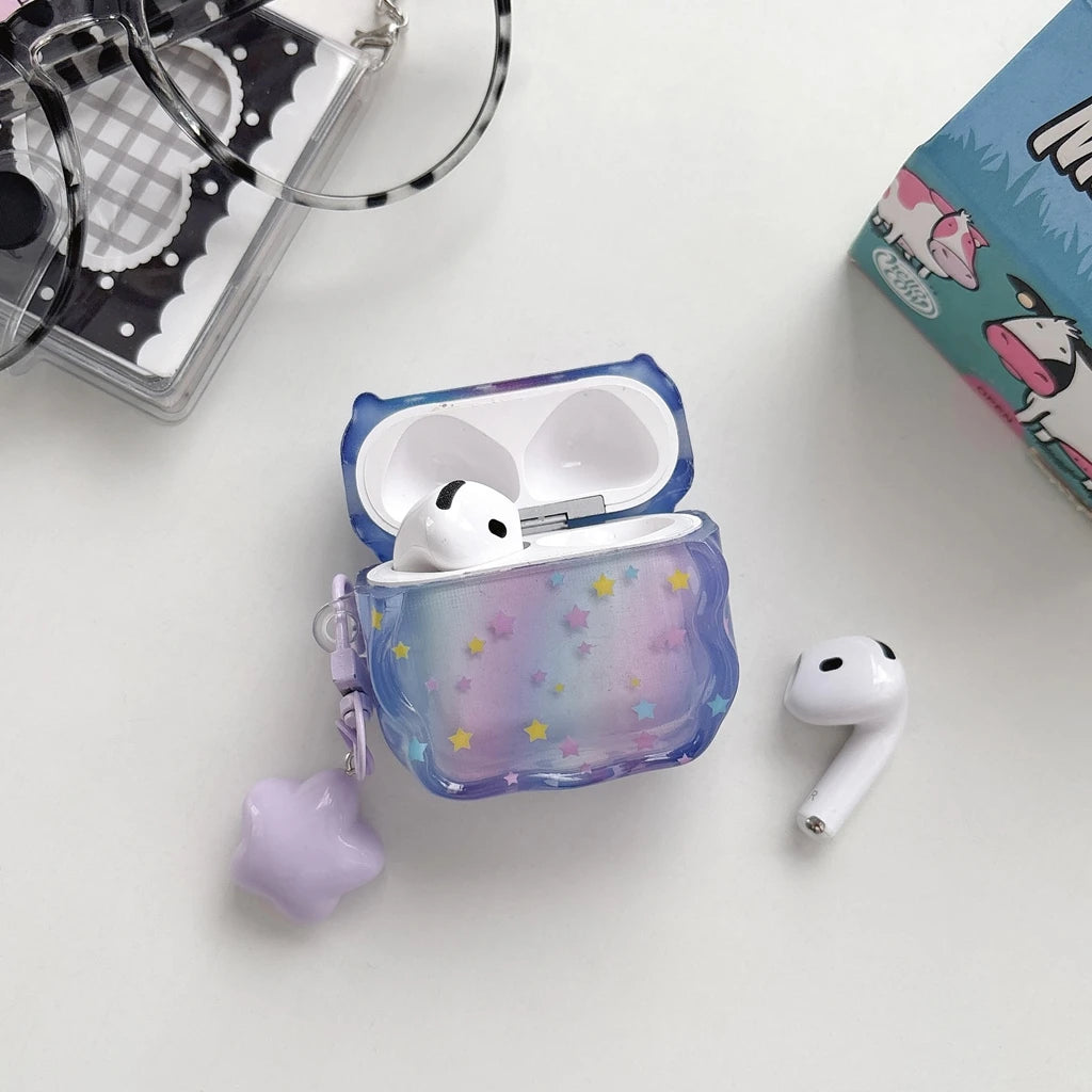 Dopamine Gradient Colorful Little Star Wavy Edge With Pendant Shock Proof Earphone Cover Case for AirPods 1 or 2 3 4 5 Pro 2 3