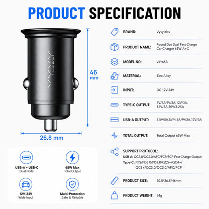 Vyvylabs 65W Car Charger Zinc Alloy Mini USB-A Type-C Fast Charging Adapter DC12V-24V Car Max 65W for iPhone 17 Samsung Huawei