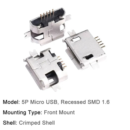 10PCS Micro USB Android Female Charging Socket, Flat Edge Crimped Type, 5Pin, 4 Mounting Pins, SMD & DIP Tail Connector