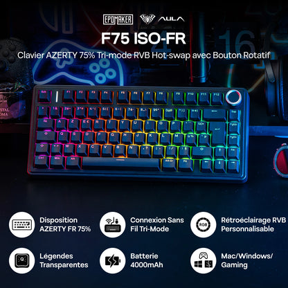 ISO-FR Layout AULA F75 75% AZERTY French Layout Wired/Bluetooth/2.4G Wireless Mechanical Gaming Keyboard RGB Backlighting 4000mAh Battery For Win/Mac