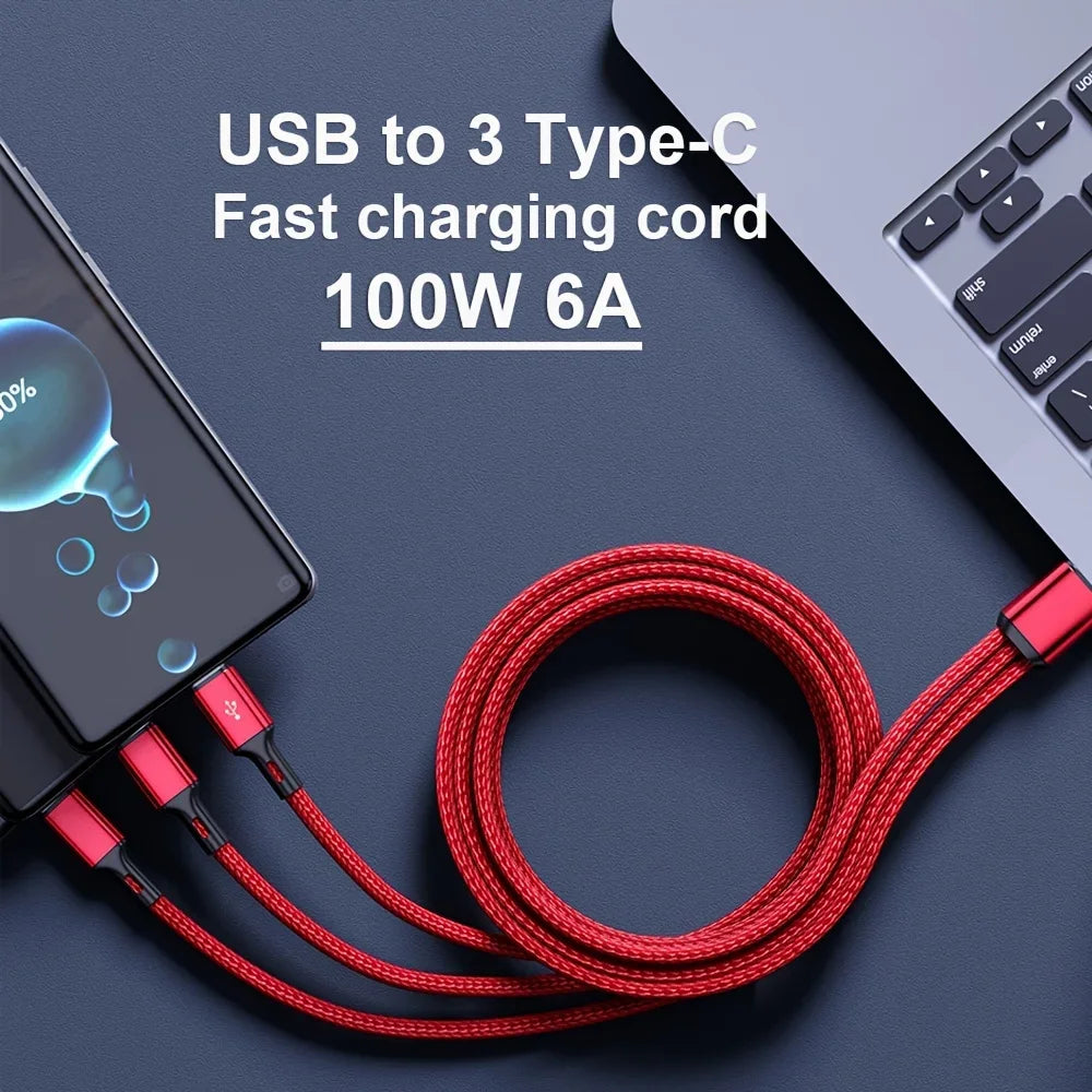 240W USB C Phone Charger Fast Charging Wall Adapters 100W 6A 3 In 1 USB-A to 3 ×Type-C Data Cables For iPhone 15 Samsung Xiaomi