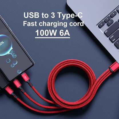 240W USB C Phone Charger Fast Charging Wall Adapters 100W 6A 3 In 1 USB-A to 3 ×Type-C Data Cables For iPhone 15 Samsung Xiaomi