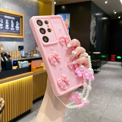 3D Pearl Pink Bow Lanyard Phone Case For Samsung Galaxy S25 S24 Ultra S23 S22 S21 Plus A53 A54 Bracelet Wrist Strap Soft Cover