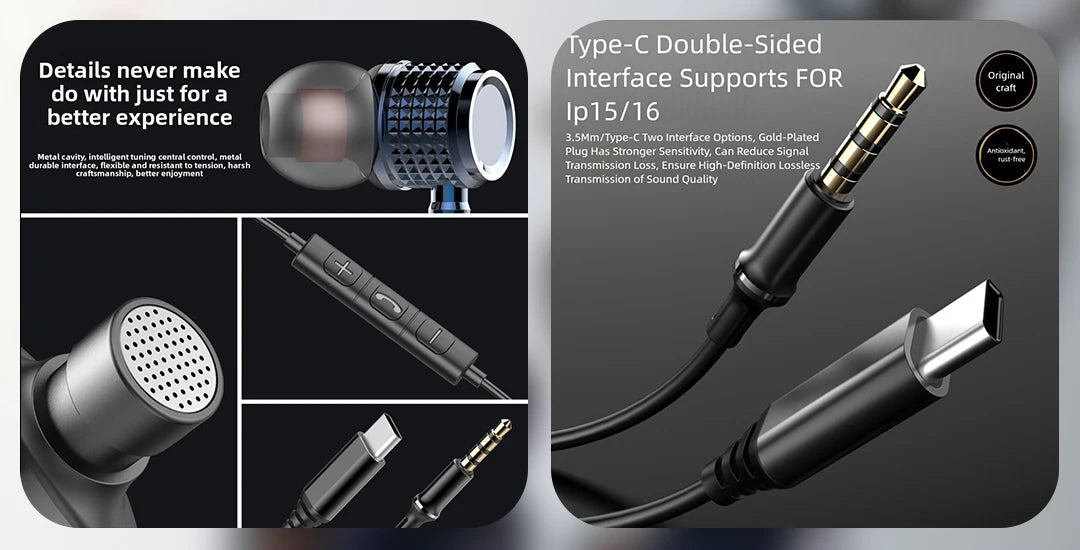 USB Type C Earphones HiFi Heavy Bass Earbuds Metal In Ear Noise Reduction 3.5MM Wired Headphones For Samsung S25 24 Z Fold7 Flip