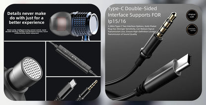 USB Type C Earphones HiFi Heavy Bass Earbuds Metal In Ear Noise Reduction 3.5MM Wired Headphones For Samsung S25 24 Z Fold7 Flip