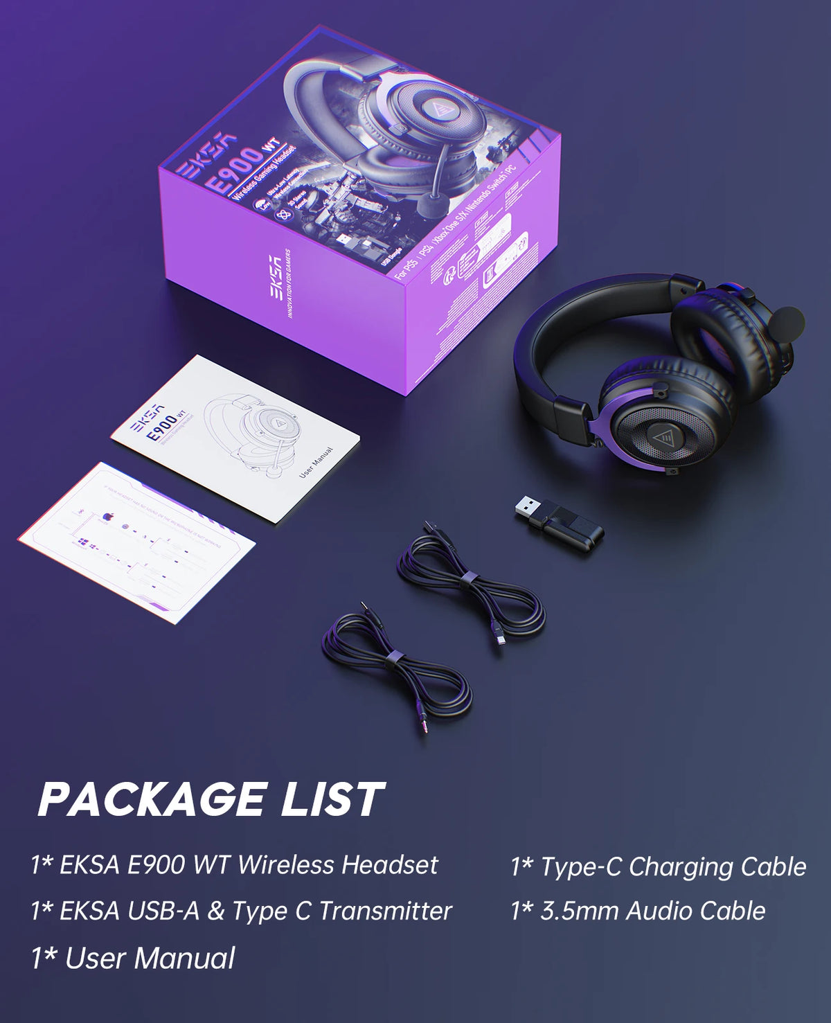 Oneodio EKSA E900 WT 2.4G Wireless Gaming Headset Tri-Mode Over Ear Bluetooth Headphones Gamer With Mic RGB For PC PS4 PS5 80Hr