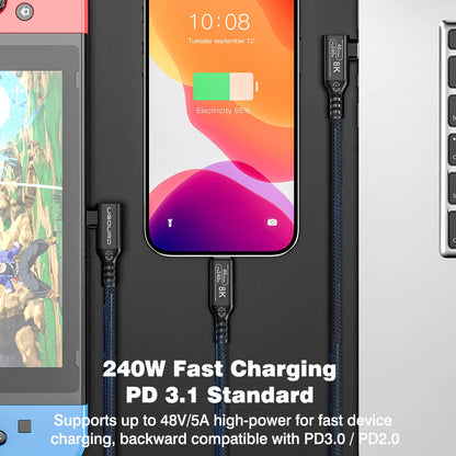 UGOURD Thunderbolt 4 Elbow USB4 Cable 40Gbps PD240W 8K@60Hz Type C to C 90 Degree Side Vertical Bend Braided Cable for SSD EGPU