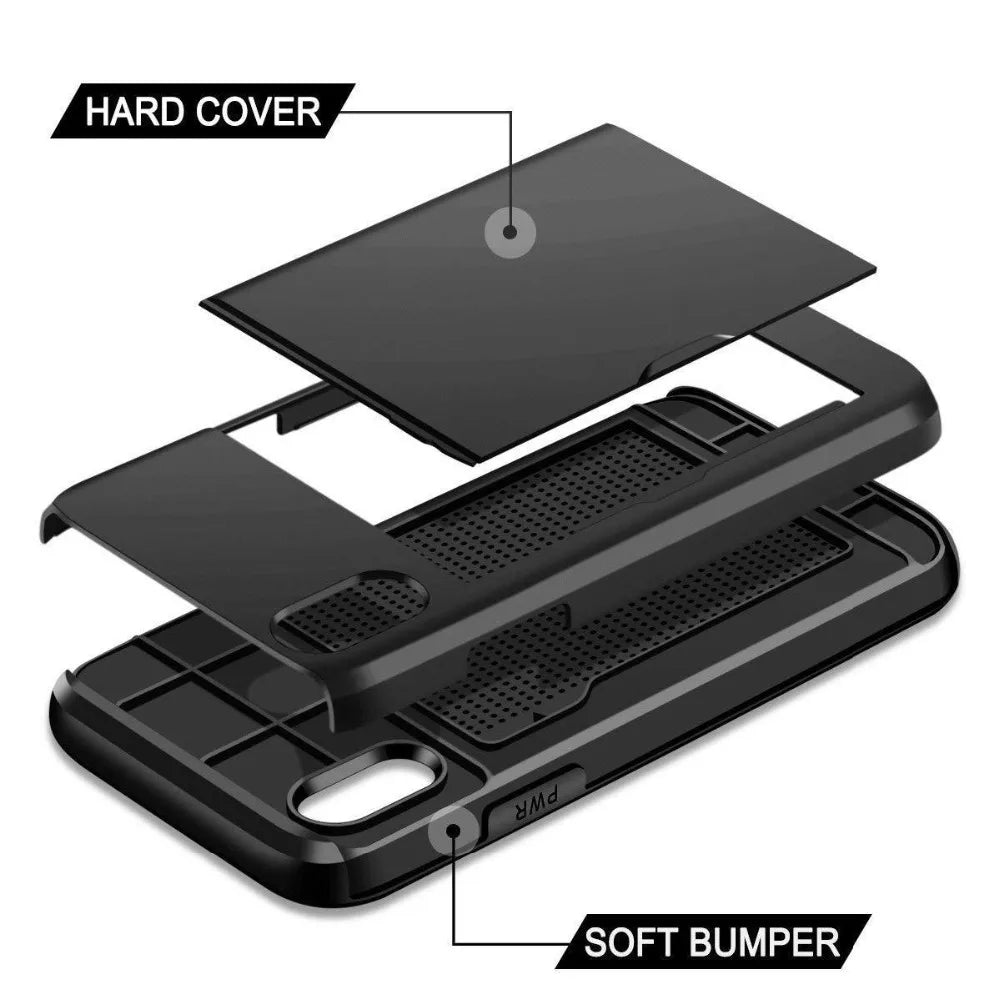 Armor Slide Card Case For iPhone 16 15 14 13 12 Pro 11 11Pro Max Card Slot Holder Cover 16 Pro Max X XS Max XR Fundas Capa