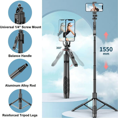 1.55m Extendable Wireless Selfie Stick Tripod with Bluetooth Remote for iPhone Android GoPro,360°Rotation Phone Stand for Videos