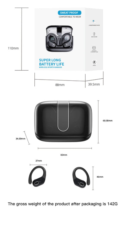 Sports Bluetooth Earphones Waterproof Wireless Headphones 75hrs Music with ENC Noise Cancellation Mic Soft Earhook TWS Earbuds