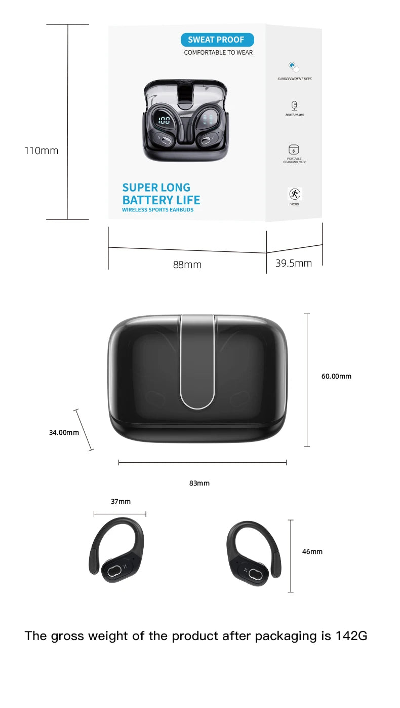 Sports Bluetooth Earphones Waterproof Wireless Headphones 75hrs Music with ENC Noise Cancellation Mic Soft Earhook TWS Earbuds