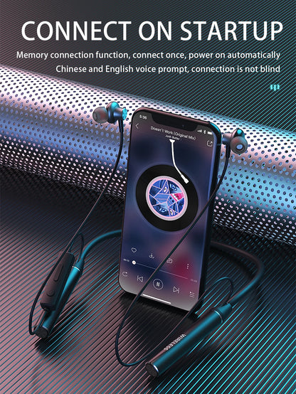 Neck-mounted TWS sports Bluetooth earphones with a metal casing, memory neckband, bendable and portable. Supports TF card playback for music. Dual battery design for ultra-long battery life. Supports simultaneous connection t