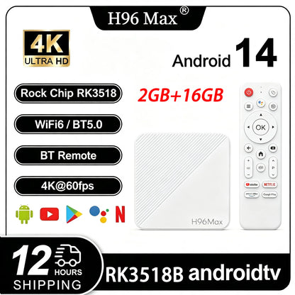 H96 MAX RK3518B Smart TV Box Android 14 4K UHD WiFi6 Bluetooth 5.4 Google Voice Remote Quad Core Media Player Set Top Box