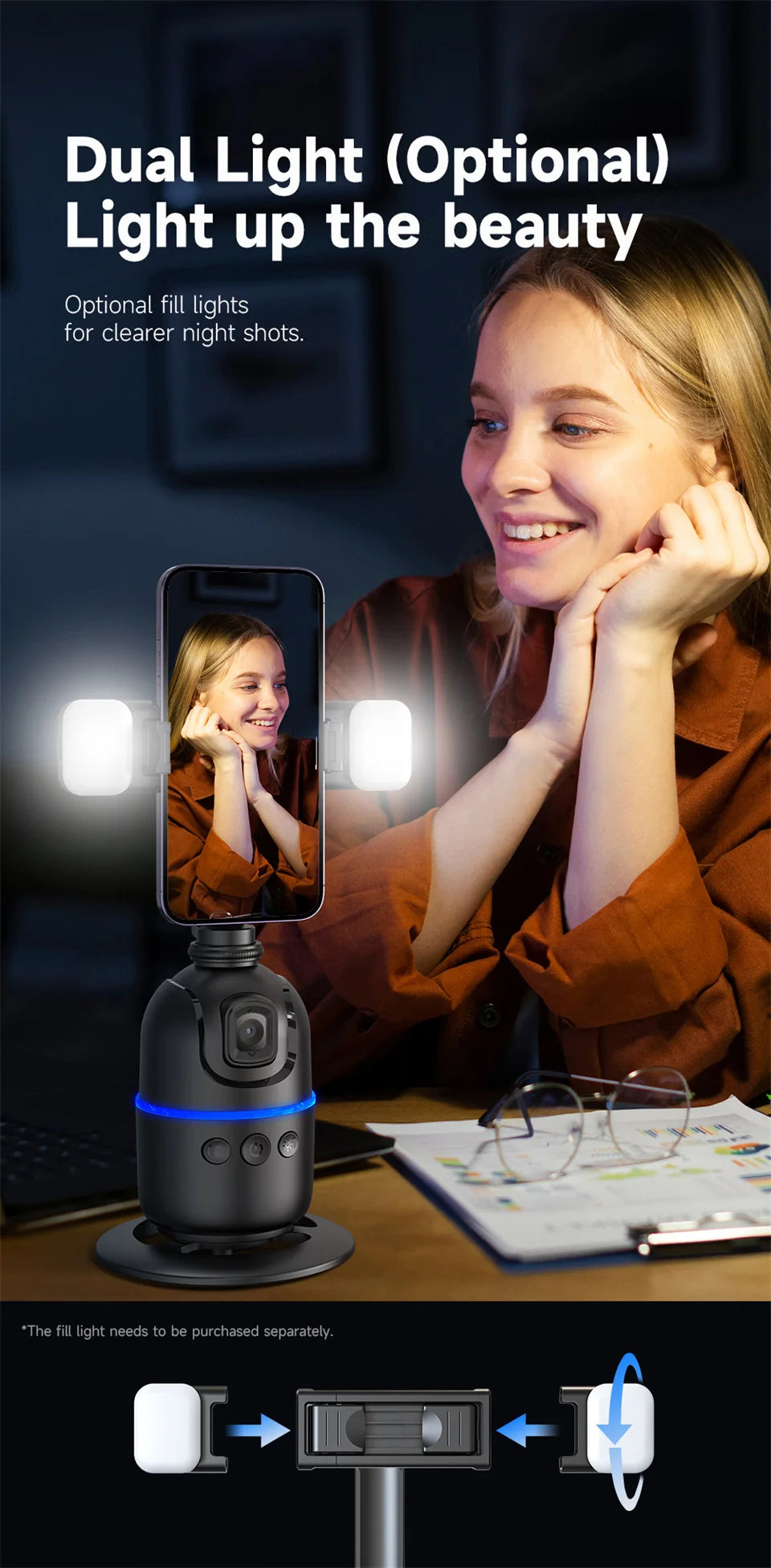 Selfie Stick Stabilizer 360° Auto Face Tracking AI Gimbal All-in-One Desktop Phone Holder Tripod for Smartphone Video Vlog Live