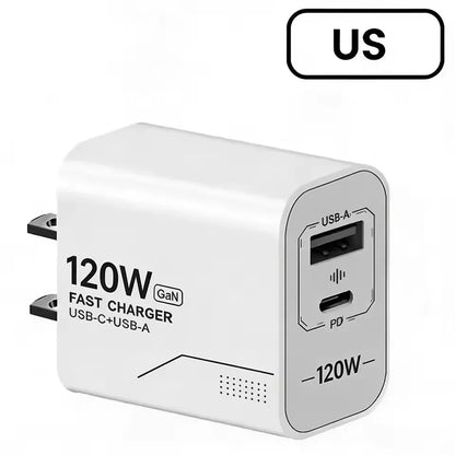 USB 120W Charger 2-Port GaN Type C Charger USB-C Fast Charging Wall Adapter US/EU Plug Phone Charger Compatible With Phone