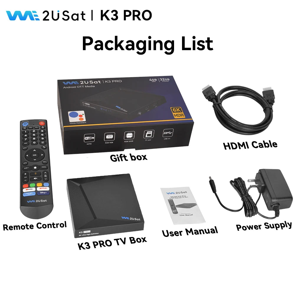 We2USat K3 PRO Smart Android TV Box 6K HDR Build in WiFi-6 2.4GHz/5GHz BT 5.0 4GB+32GB Streaming Media Player PK Vseebox V5 PRO