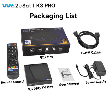 We2USat K3 PRO Smart Android TV Box 6K HDR Build in WiFi-6 2.4GHz/5GHz BT 5.0 4GB+32GB Streaming Media Player PK Vseebox V5 PRO