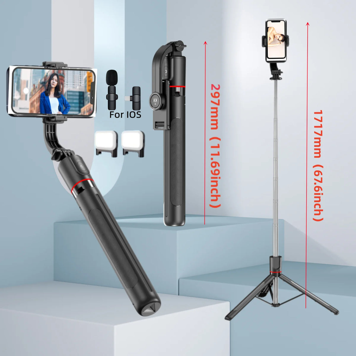 FANGTUOSI Selfie Stick Tripod with Bluetooth Remote, 6-Section Extendable Pole, 360° Rotation, Fill Light Option, for Phone Vlog