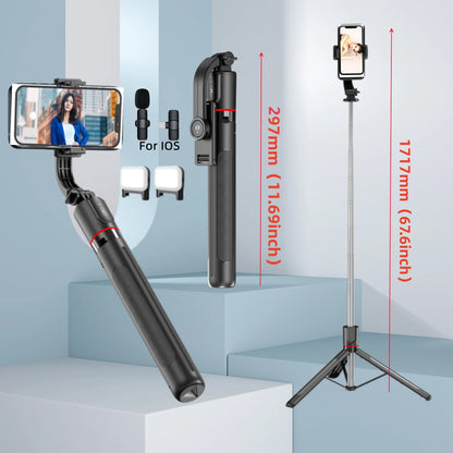 FANGTUOSI Selfie Stick Tripod with Bluetooth Remote, 6-Section Extendable Pole, 360° Rotation, Fill Light Option, for Phone Vlog