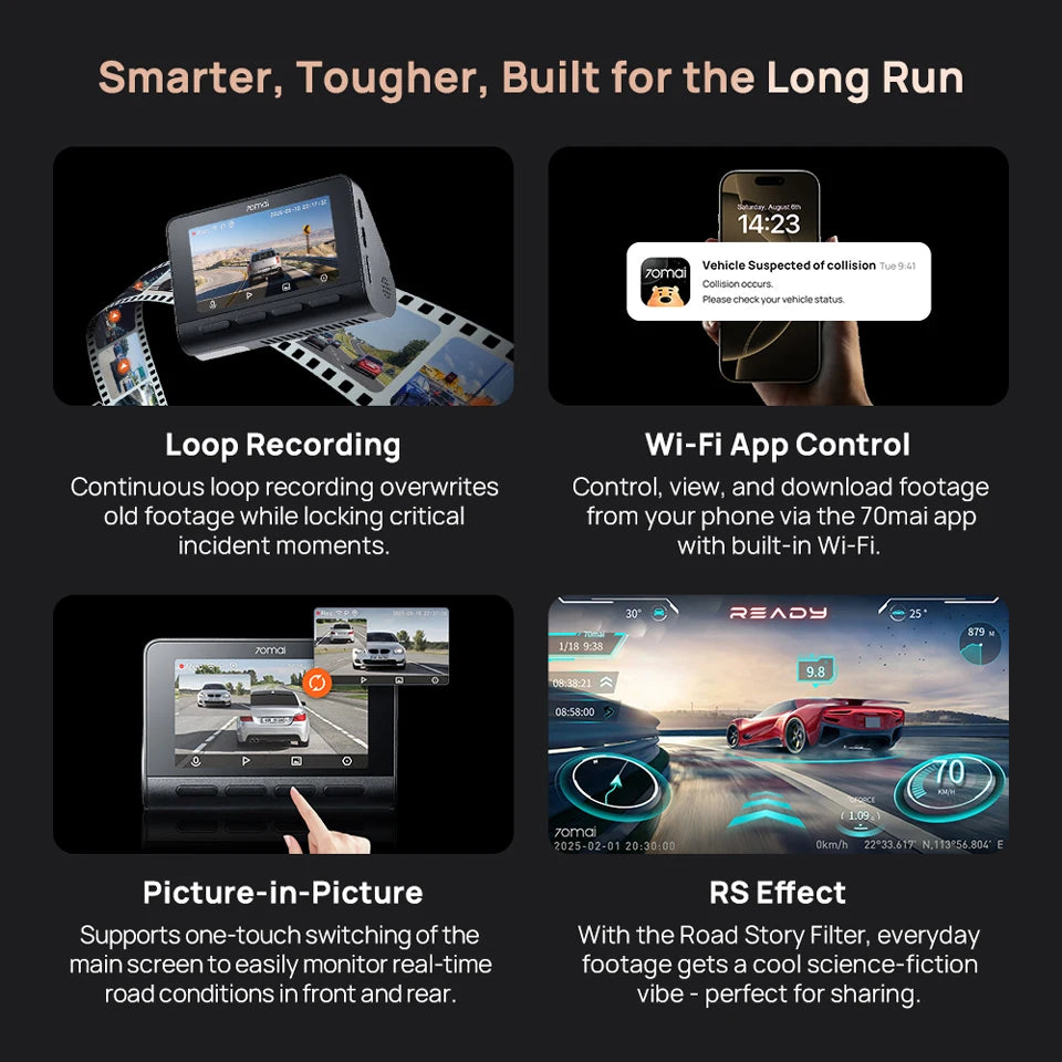 70mai A810S 4K Dash Cam IMX678 Dual HDR Supercapacitor 4G LTE Remote Control Wi-Fi 6 5GHz Voice Control GPS ADAS Car Camera