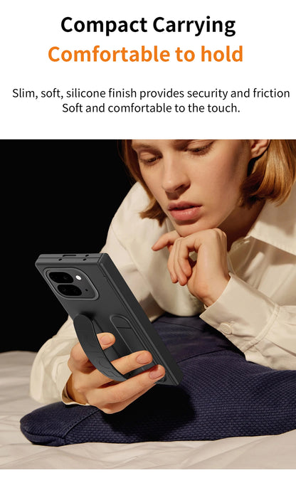 For Google Pixel 10 9 Pro Case Skin Friendly Folding Hinge with Elastic Wrist Band Screen Tempered Film Cover Pixel Fold 2 Stand