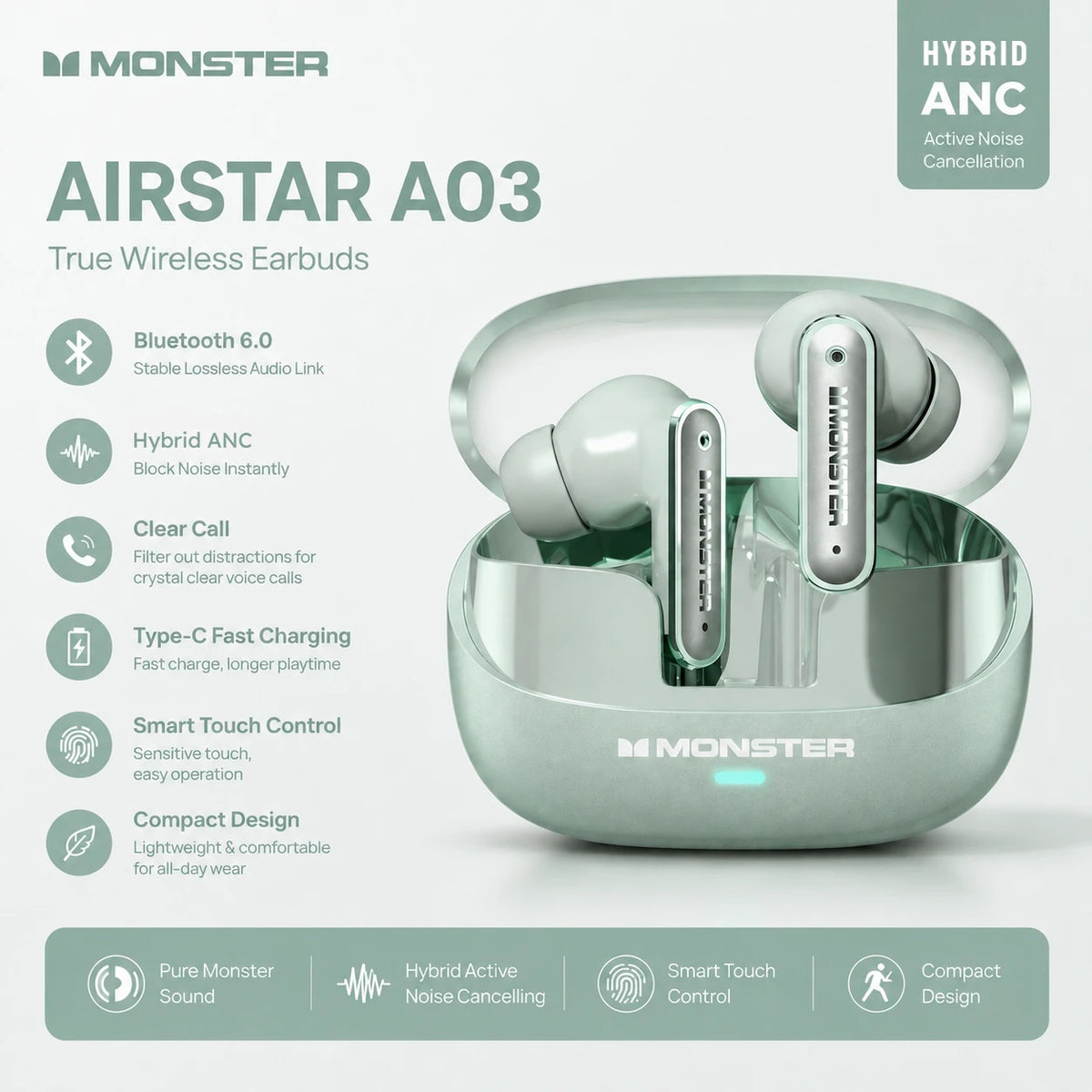 Monster Airstar A03 ANC Bluetooth 6.0 Earbuds Punchy Deep Bass Sports Headphones Active Noise Cancellation TWS Wireless Earphone