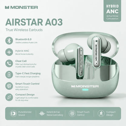 Monster Airstar A03 ANC Bluetooth 6.0 Earbuds Punchy Deep Bass Sports Headphones Active Noise Cancellation TWS Wireless Earphone