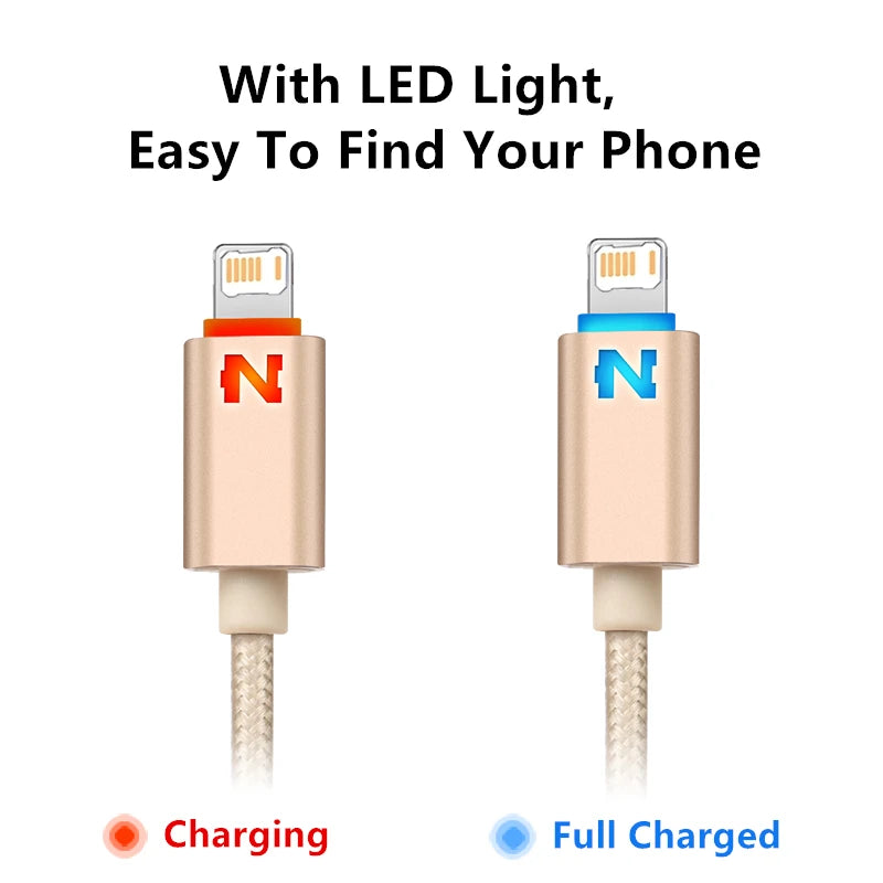 Smart Led Light Fast Charging USB Braided Cable For iPhone 11 12 13 Mini 14 Pro Max X XR XS Max 6S 7 8 Plus USB-A Data Cable 1m
